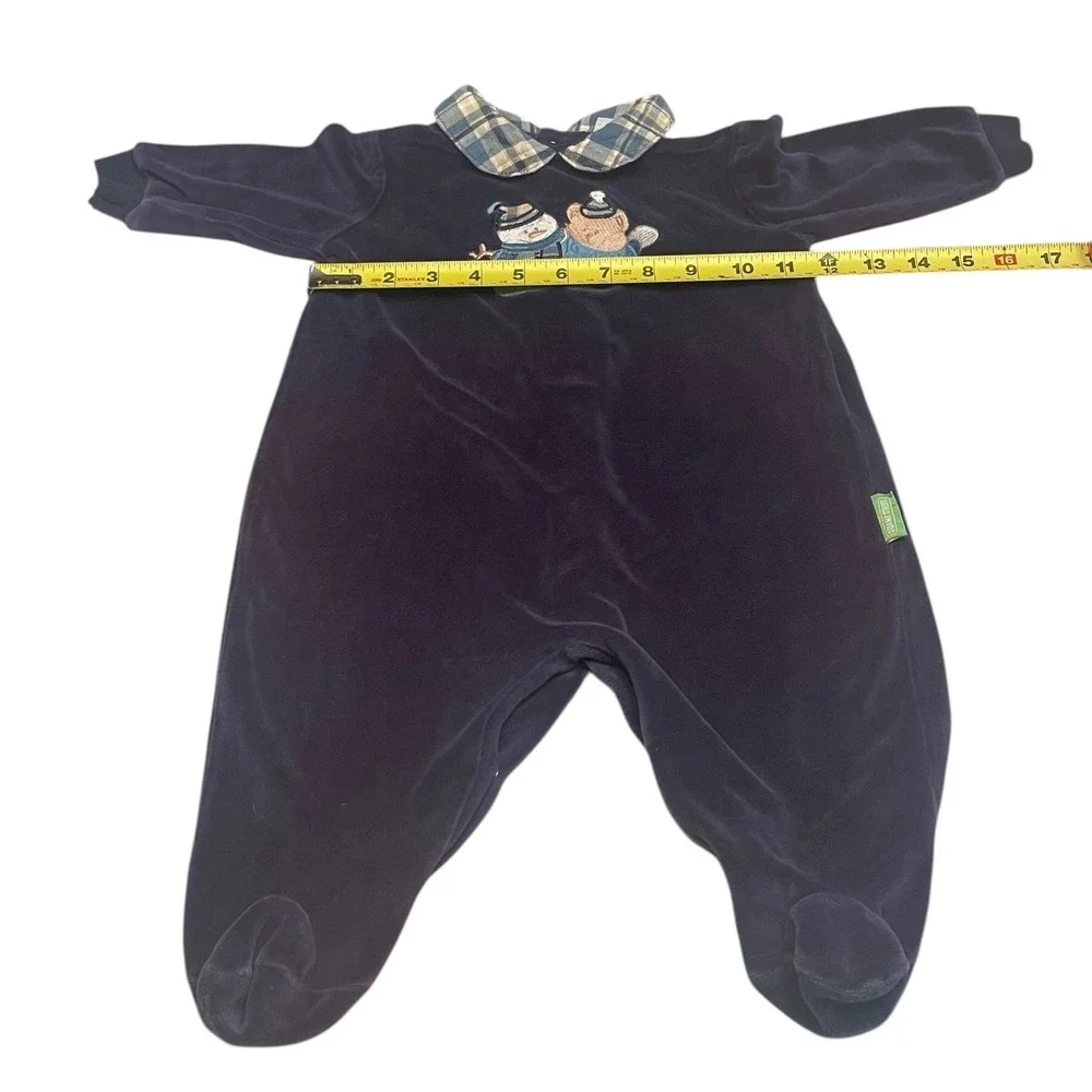 Vintage Y2K Sesame Street Velour Baby Romper Footed Plaid Collar Holiday 6/9M